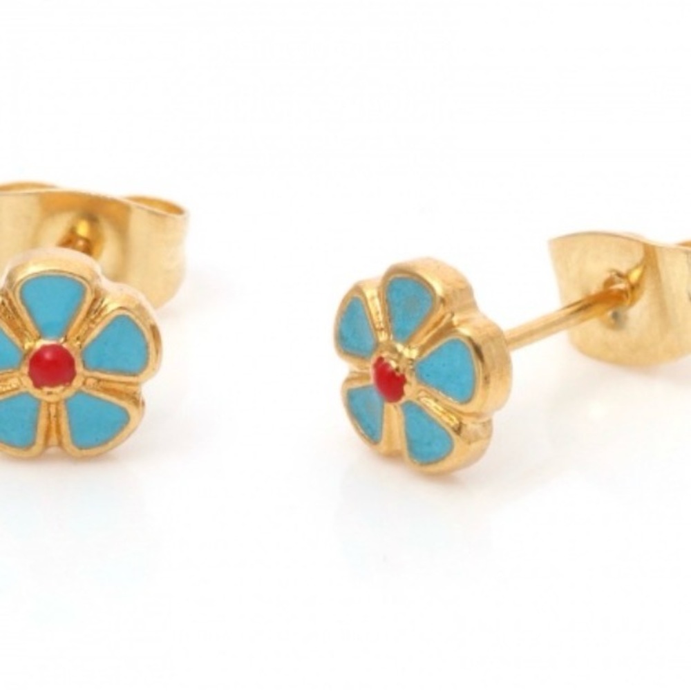 Gold and Blue Flower Stud Earrings